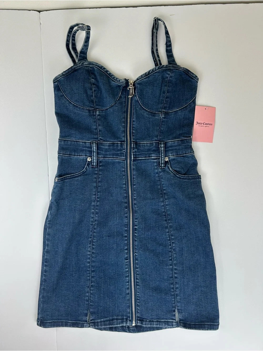 Juicy Couture Denim Dress S Blue Sweetheart Zip Front Bodycon Rhinestone NEW - Picture 2 of 9
